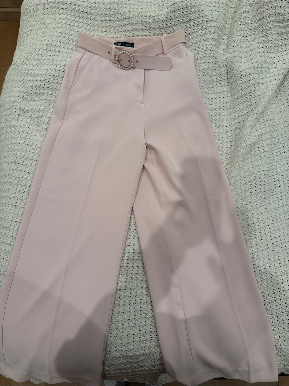 Zara Wide-Leg High-Waist Pants with Pearl Buckle Belt - Light Pink